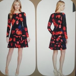 Ivanka Trump Black Floral Midi Dress with Red and Blue Print